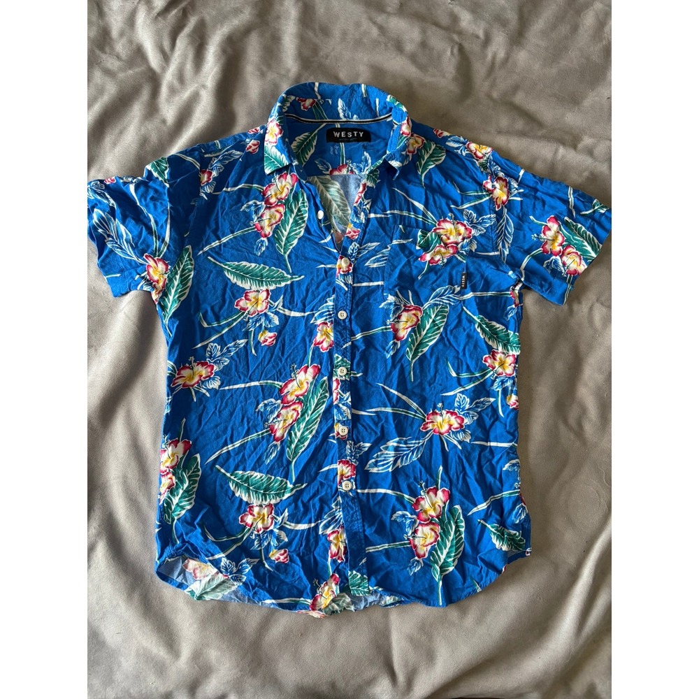 Westy Mens Blue Tropical Floral Hibiscus Short Sleeve Button Down Shirt Small